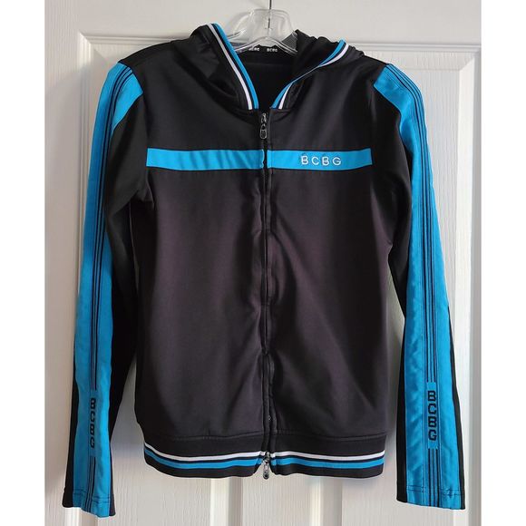 BCBG Jackets & Blazers - BCBGMaxAzria Hooded Track Jacket Blue Black Logo